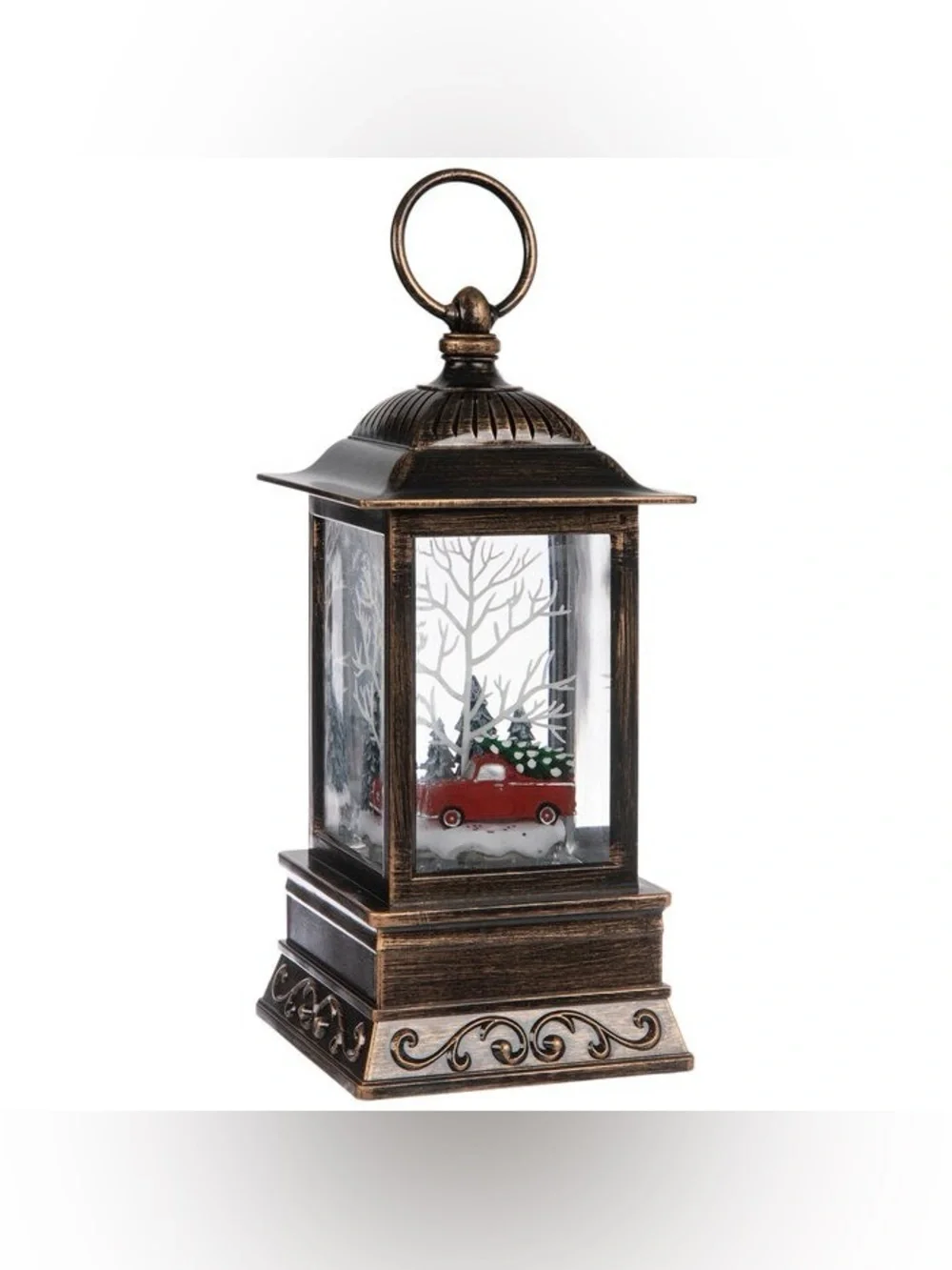 Antique Bronze- tone Christmas Lantern Water Globe with Red Truck Decor 9” H